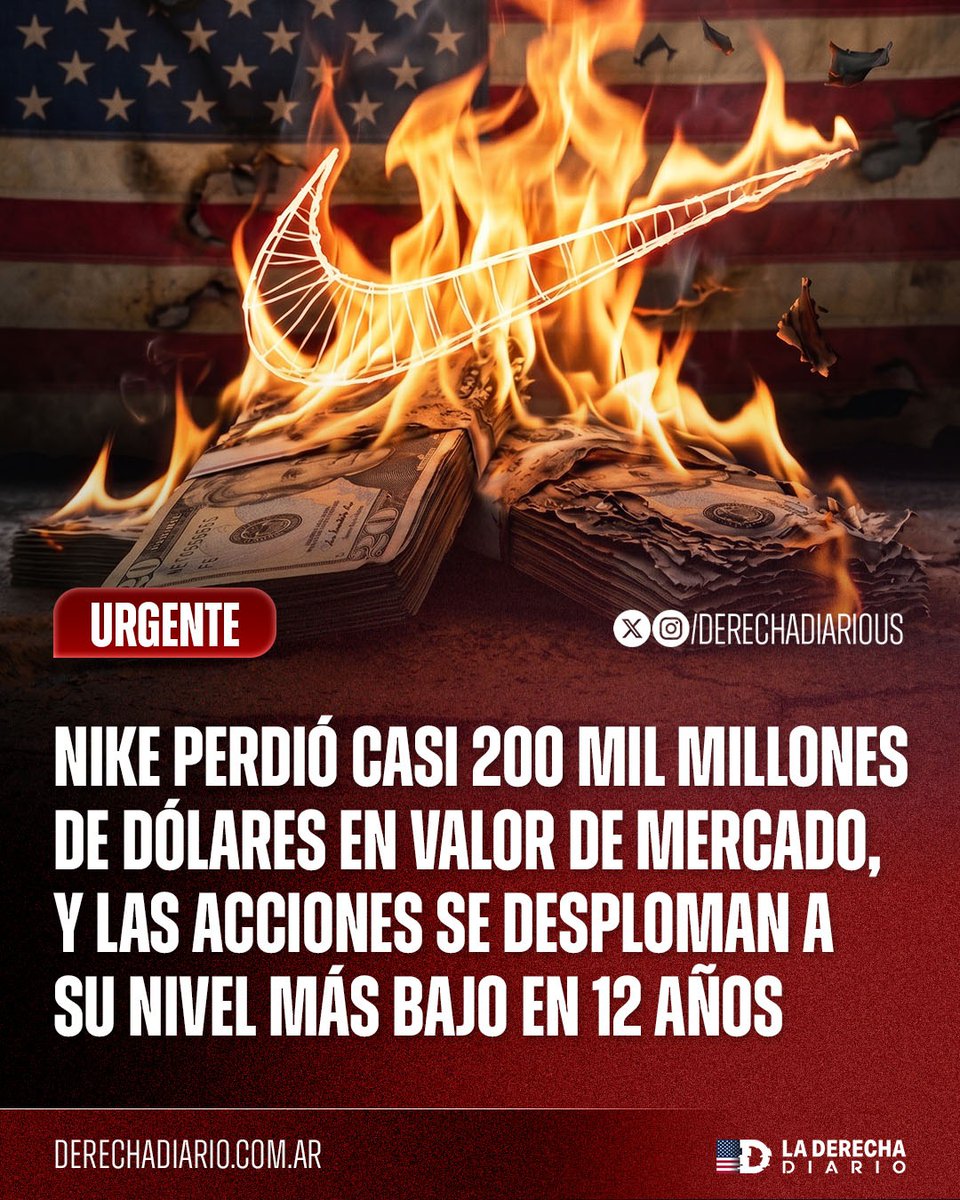 DerechaDiarioUS's tweet photo. 🚨🇺🇸🏳️‍⚧️🏳️‍🌈 | EL WOKISMO LLEVA A LA BANCARROTA: Nike perdió casi 200 mil millones de dólares en valor de mercado, y las acciones se desploman a su nivel más bajo en 12 años. La marca de la pipa ha estado en una caída de años, con las acciones desplomándose casi un 80% desde el máximo histórico de Nike en 2021, de 177,51 dólares.

La asombrosa caída está avivando nuevas críticas hacia la empresa y sus controversias pasadas, incluyendo la decisión de Nike en 2019 de retirar unas zapatillas planeadas con la bandera de Betsy Ross después de que Colin Kaepernick expresara preocupaciones sobre el diseño.