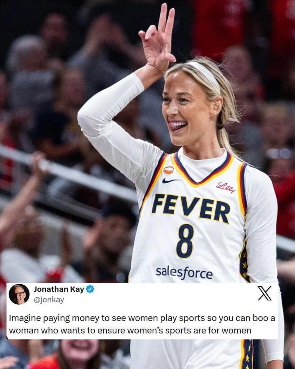 EspBen24's tweet photo. Imagine paying to watch women play basketball…then spending your time booing one of the players who believes women’s sports should remain for women.

That’s the world we’re living in. The treatment Sophie Cunningham receives is absolutely absurd. You can disagree with someone without turning a basketball game into a personal attack.

#SophieCunningham #WNBA #WomensSports #ProtectWomensSports #Basketball #IndianaFever #WNBAFans #Sports