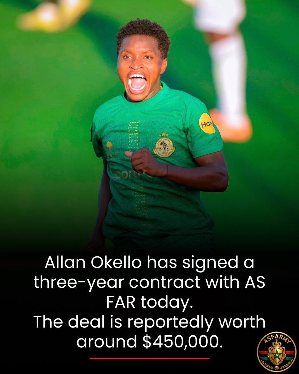 ASFARMY's tweet photo. 🚨Allan Okello has signed a three-year contract with the AS FAR today.

The deal is reportedly worth around $450,000. https://t.co/u9s9NNJEQ0