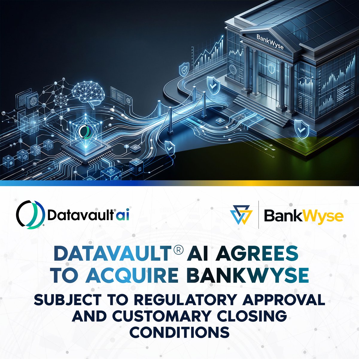 Datavault_ai's tweet photo. 📢 Datavault AI (NASDAQ: $DVLT) has entered into a definitive agreement to acquire BankWyse, a Wyoming state-chartered Special Purpose Depository Institution (SPDI), expected to add custodial, commercial banking, and related financial services to Datavault AI's growing technology ecosystem. 🏦

By bringing origination, AI-driven valuation, tokenization, custody, and settlement together under one ecosystem, Datavault AI aims to reduce the fragmentation and friction that exists while it continues to build the infrastructure for the next generation of regulated digital asset markets.

The transaction remains subject to regulatory approvals and customary closing conditions.

🔗: Read the full press release: https://t.co/wlZ5lyJ7Td 

#DatavaultAI #DigitalAssets #Tokenization #Blockchain #FinTech #Custody #DigitalBanking #RWA #Innovation #NASDAQ #DVLT #BankWyse #DigitalInfrastructure #Banking