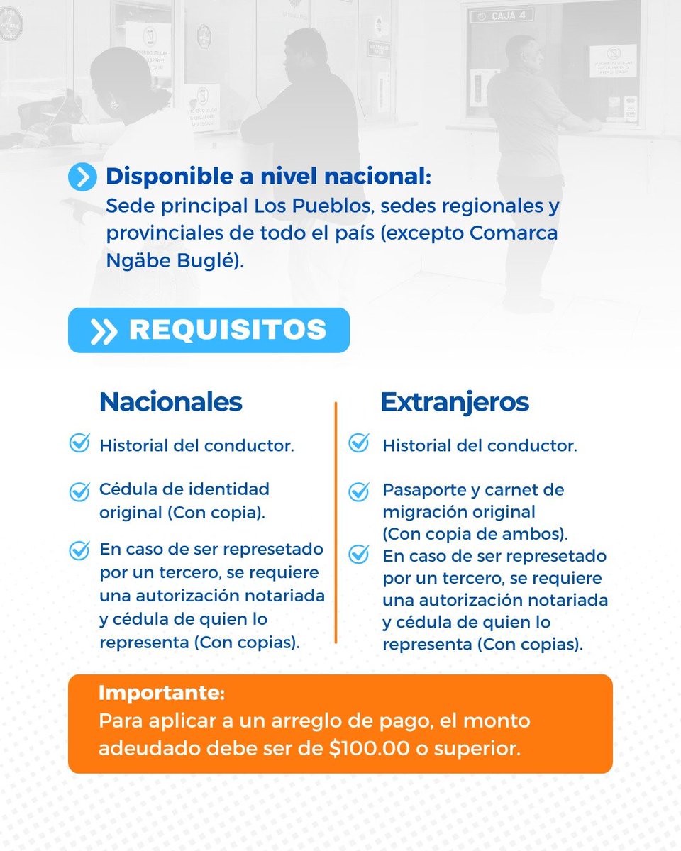 ATTTPanama's tweet photo. 📢 ¡La Jornada de Arreglos de Pago al 10% continúa!

Tienes hasta el 30 de septiembre para regularizar tus obligaciones.
📍 Los Pueblos y sedes regionales/provinciales (excepto Ngäbe Buglé). 

🕗 L-V: 8 a.m.-4 p.m. Sábados: 10 a.m.-2 p.m.
📌 Deuda mínima: B/.100

#ConPasoFirme🇵🇦 https://t.co/1we6slx4Nt