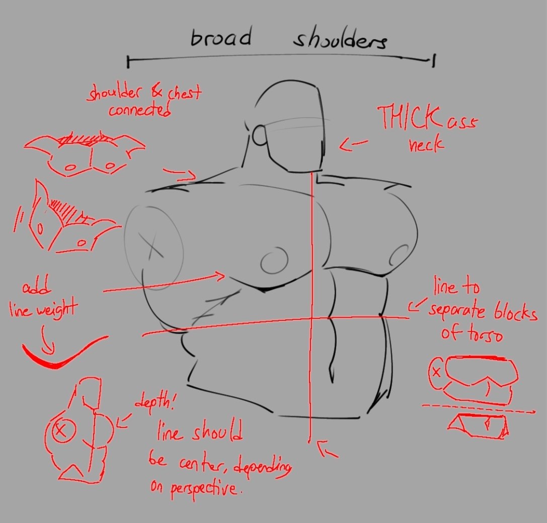 PensiveJeans's tweet photo. (Strawpage) : "Do you have any tips for drawing buff and chubby men?"

Okay oomf im no doctor or expert but if you're really asking me i can try!

For buff men i made a lot of notes since i have a system of sorts i suppose. As for chubby men i dont really know how to explain it�� https://t.co/fz5E68Savo