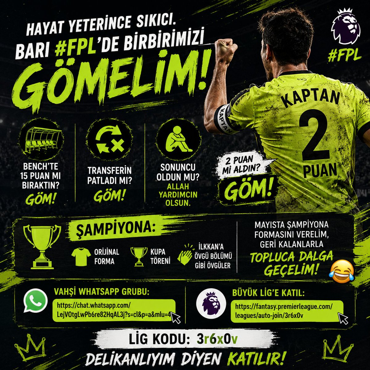 Berkalp's tweet photo. Hayat yeterince sıkıcı. Bari #FPL’de birbirimizi gömelim. ⚽🔥

🏆 BÜYÜK LİG
Şampiyona orijinal forma. Geri kalanlara bolca goygoy.

Katıl 👇
https://t.co/8v5NzPgGOV

WhatsApp 👇
https://t.co/23pmBCgdcM

Delikanlıyım diyen katılır.
#FPL https://t.co/5mudIC7kB1