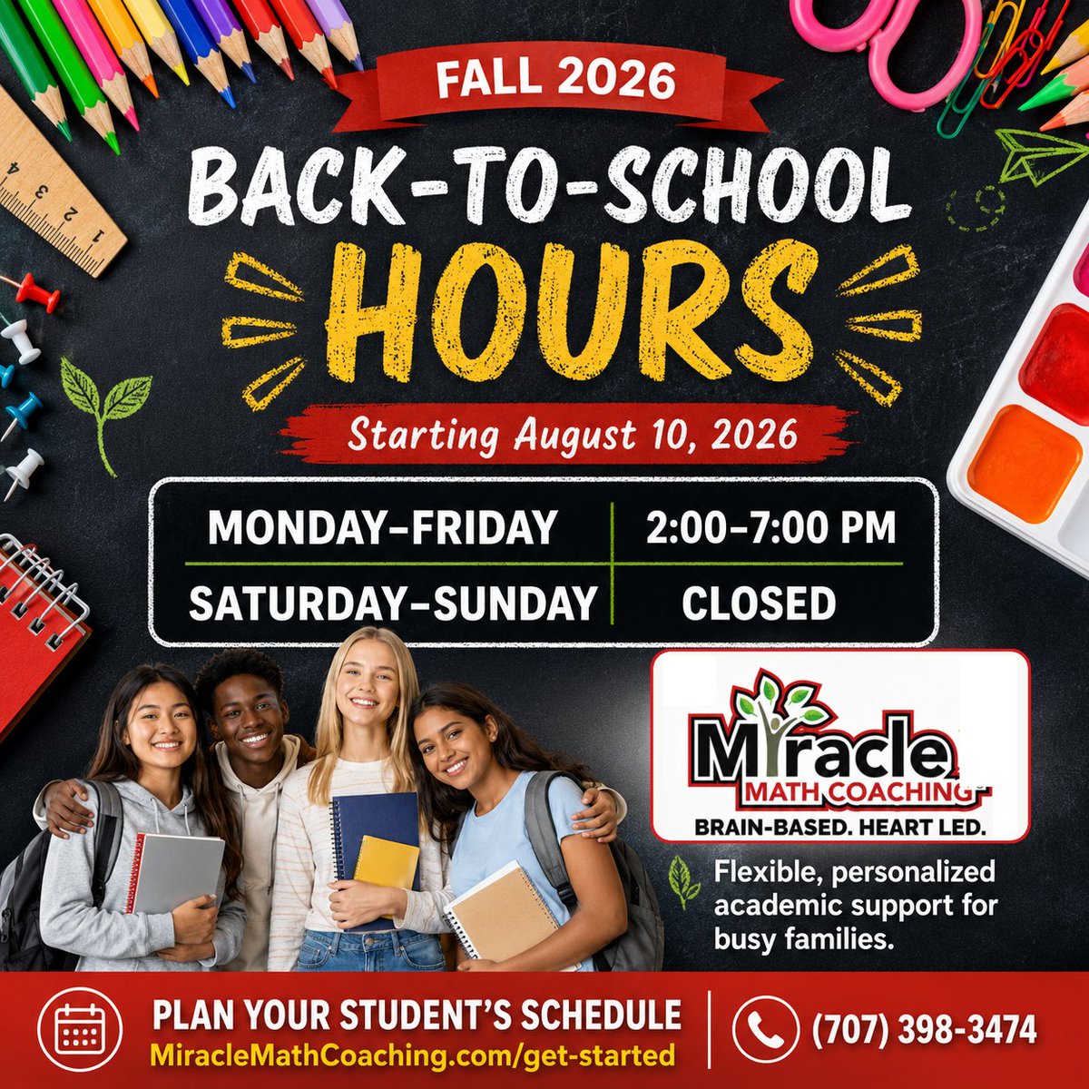 MiracleMath's tweet photo. 📚 Our Fall 2026 hours are now in effect!

Monday–Friday: 2:00–7:00 PM
Saturday–Sunday: Closed

Give your student personalized academic support for the new school year.

Get started: https://t.co/sXbDd9JTNa
📞 (707) 398-3474 https://t.co/qx2uHmMHjF
