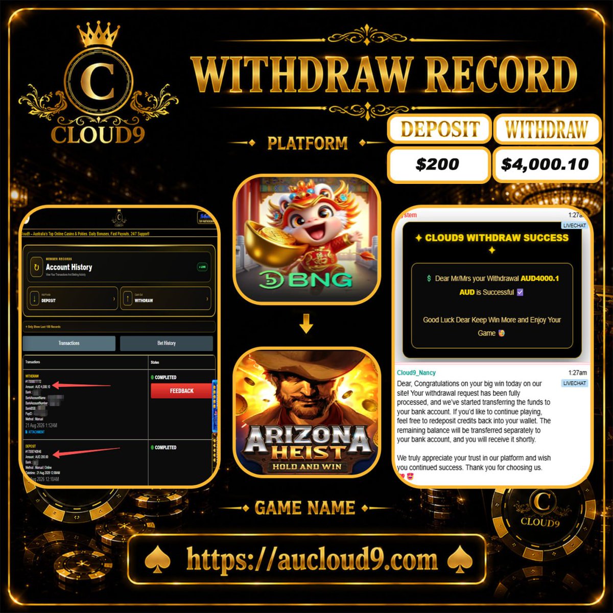 Clound9aus's tweet photo. 📣Congratulation Today Member👑👑

➡️Platform : BNG
➡️Game : ARIZONA HEIST
➡️DEPOSIT : $200.00 AUD
➡️Withdraw Money : 4,000.10  AUD
🌐Domain: https://t.co/wMnrdbfY9b https://t.co/vSNQWkNWNg