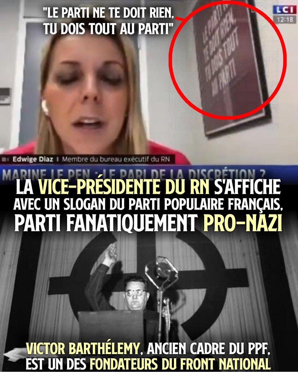 ContreAttaque_'s tweet photo. UN SLOGAN COLLABORATIONNISTE SUR LE MUR DE LA VICE-PRÉSIDENTE DU RN

«Le parti ne te doit rien, tu dois tout au parti». Un lettrage sobre, massif, encadré au-dessus du bureau. Un slogan totalitaire, issu du parti le plus fanatiquement pro-nazi qu'ait connu France.

1/2 ⤵️ https://t.co/v0wzEKK4xV