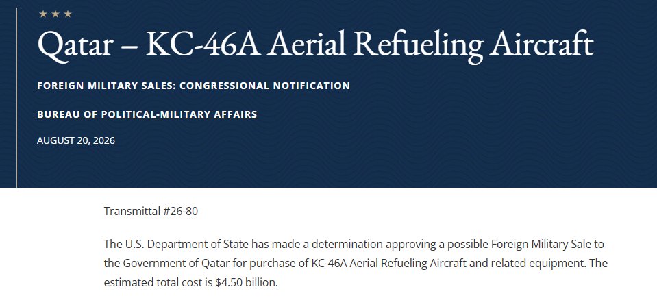 OsintBH's tweet photo. 🇶🇦🇺🇸 The U.S. approves a potential $4.5B sale of up to four Boeing KC-46A tankers to Qatar, including engines, defensive systems, EW equipment, training, maintenance and logistics support.
#unitedstates #qatar #قطر https://t.co/pBWrxA2IUc