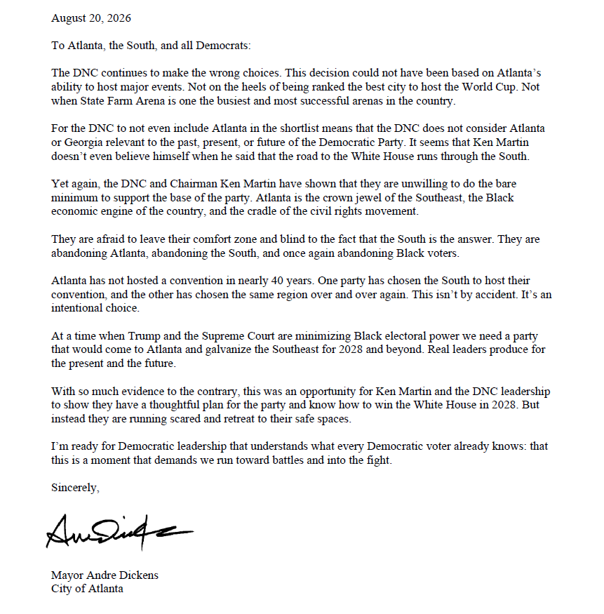 rahulbali's tweet photo. Atlanta Mayor Andre Dickens Blasts 2028 DNC Decision
It follows the DNC decision not to name Atlanta one of the three finalists to host the 2028 Democratic National Convention. #gapol #atlpol
"They are afraid to leave their comfort zone and blind to the fact that the South is the answer. They are abandoning Atlanta, abandoning the South, and once again abandoning Black voters."
More about the decision here: https://t.co/ATRTN0ecx3