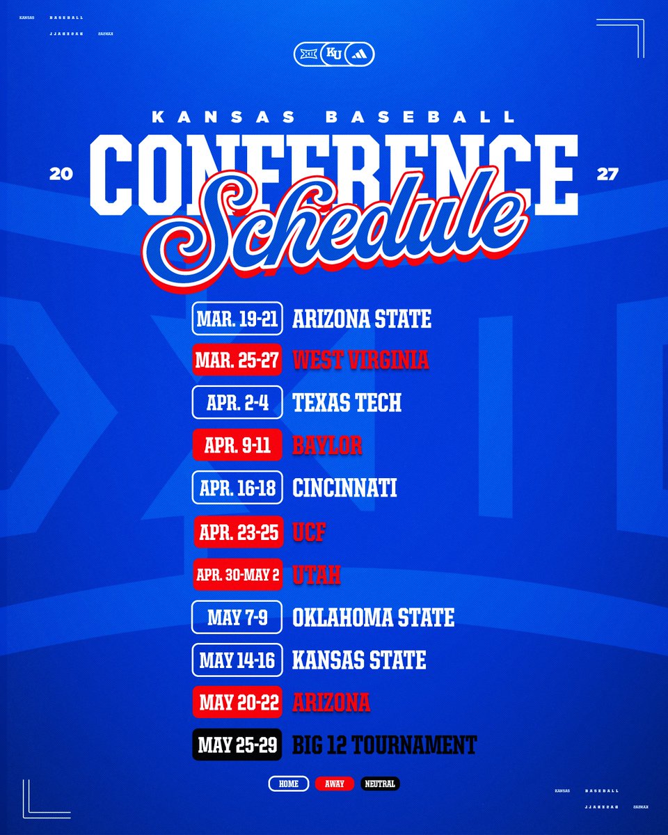 KUBaseball's tweet photo. Our 2027 conference schedule 🗓️

More → https://t.co/2hb32wRVSo https://t.co/1nppGedleM