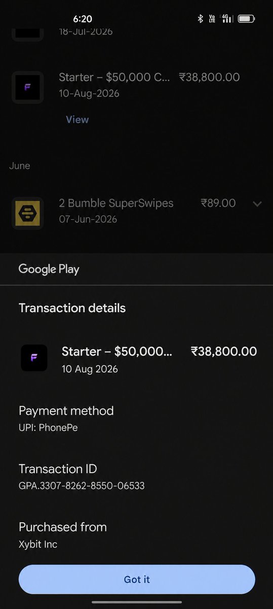 mr99484's tweet photo. "Sir, I purchased the 50k 2-step account, and it has been 13 days. You are saying you haven't received the payment, but I have the receipt showing the payment was successful (Transaction ID: GPA.3307-8262-8550-06533). I bought this based on your instructions. It is not my fault that I haven't received the account despite the payment being deducted. Please resolve this."
@thefundedroom 
@OmkarPawar8055 

@thetraderoom_