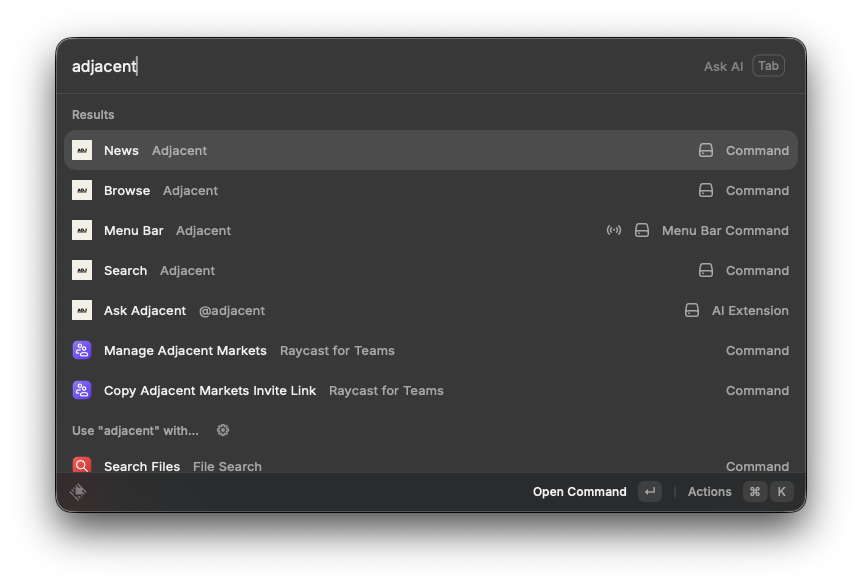 0xperp's tweet photo. put together a @raycast  extension for @AdjacentMarkets APIs, also comes with a menu bar ticker of our indices. https://t.co/ISTyXI8GkX https://t.co/5lQphgP0LI