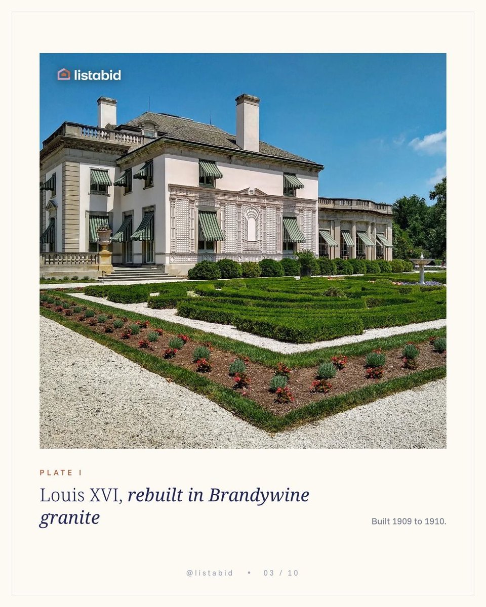 listabidre's tweet photo. eHe built a wall around it. In 1909 Alfred I. du Pont commissioned Carrère &amp; Hastings to build his wife a Louis XVI château outside Wilmington

@nemoursestate @visitdelaware #NemoursEstate #duPont #GildedAge #AmericasFinestHomes #Listabid https://t.co/vMqcyiHxxq