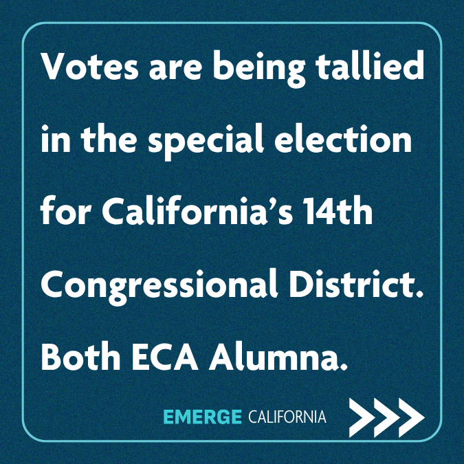 EmergeCA's tweet photo. 1/3 Votes are being tallied in the special election for CA14 — and two Emerge California alumnae are on the ballot.

State Senator Aisha Wahab and BART Board Director Melissa Hernandez are both vying to become the district’s next member of Congress. https://t.co/ATVk0qbTXA