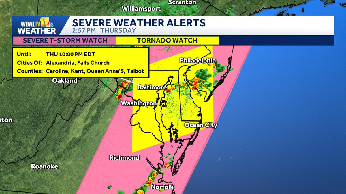 alenaleewx's tweet photo. Tornado Watch is in effect until 8/20 10:00PM. This means conditions are favorable for severe weather to develop including a tornado for those inside the area highlighted in yellow. Make sure to have multiple ways of receiving weather alerts. #wbaltv #mdwx https://t.co/7K6PFZAAb9