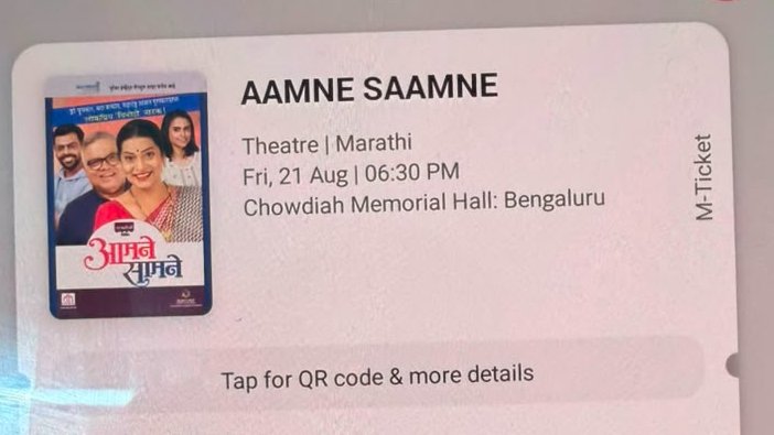 callmeshalzz's tweet photo. Hey! Anyone interested in going for the Marathi play #AamneSaamne? I have a ticket but unfortunately won’t be able to make it. 

LMK me if you’re interested!
Repost if you've any Marathi franz https://t.co/SWTEQ1mUFJ