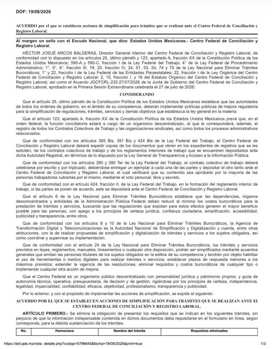SergioEsquerra's tweet photo. 📄 ¡Simplificación de trámites laborales!

El Centro Federal de Conciliación y Registro Laboral publicó ayer en el DOF el acuerdo que elimina requisitos, fusiona trámites y reduce plazos en materia laboral. Todo con identificación mediante Llave MX y mayor uso de formularios en línea.
El acuerdo entrará en vigor a los 15 días hábiles posteriores a su publicación.