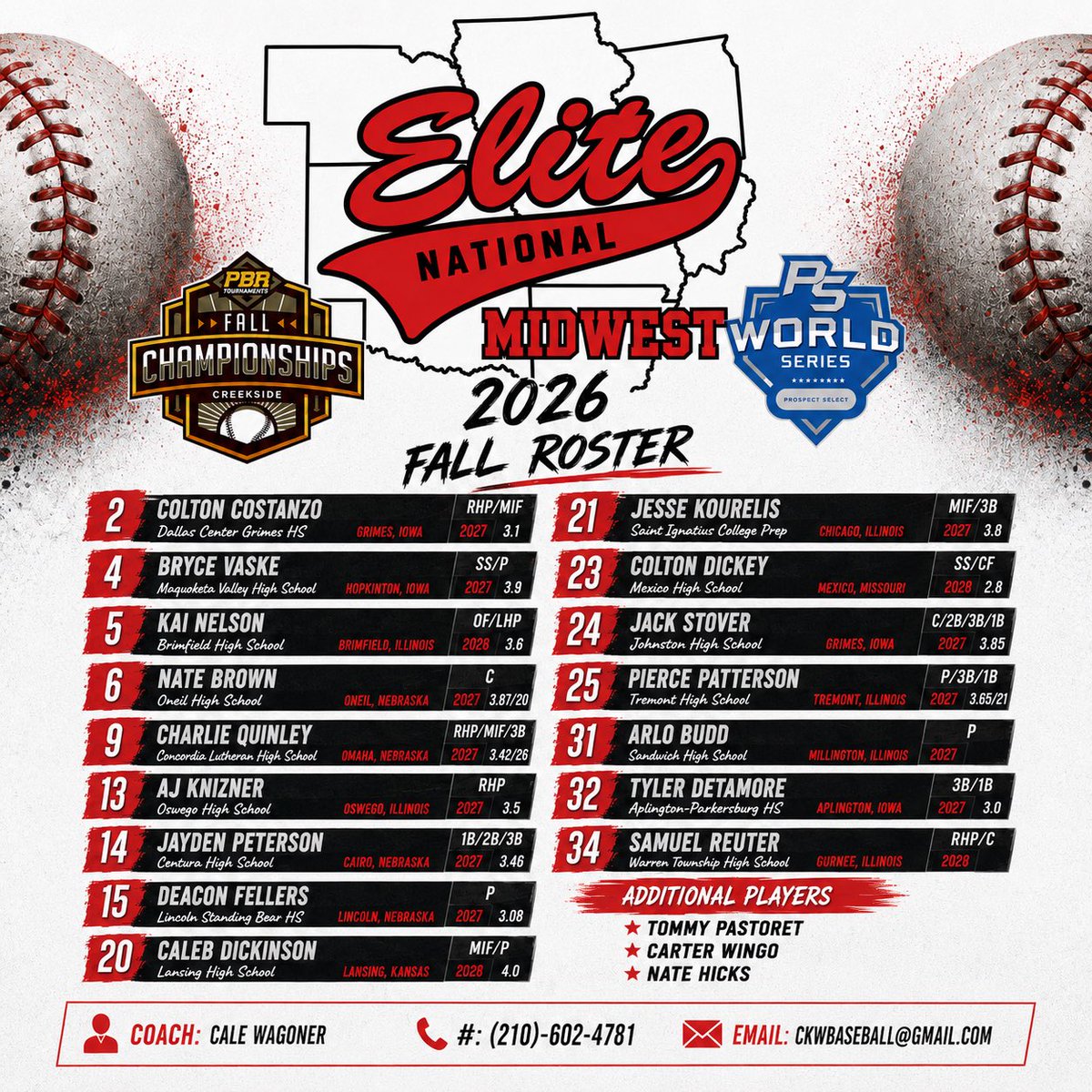 EliteNationalTX's tweet photo. The stage is set! Our 2026 Elite National Midwest fall roster! Super excited to get after it with this squad. The first tournament next week will be the Prospect Select Iowa Fall Open! More information to come. https://t.co/Oq91FY9Nzk
