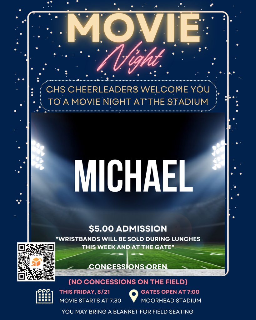 ConroeHSCISD's tweet photo. 🎬✨ MOVIE NIGHT UNDER THE LIGHTS! ✨🎬

Join CHS Cheerleaders on August 21 for a showing of Michael! 🏈🍿

🎟️ $5 | Gates: 7 PM | Movie: 7:30 PM
Tickets at lunch &amp; the gate!

Don’t just meet us there… BEAT us there! 💙📣 https://t.co/INBeDnW4e7