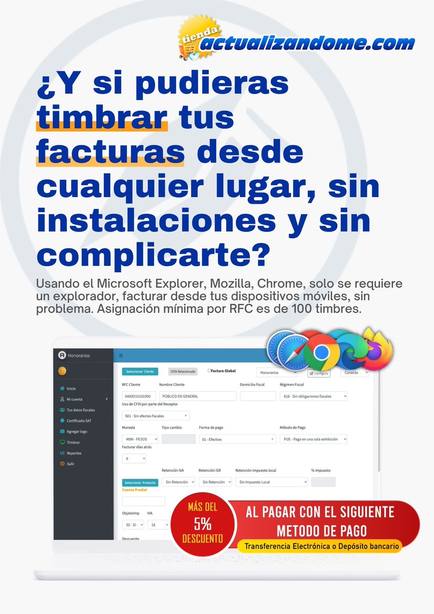 CTI_actualiza's tweet photo. 📄 Emite tu #CFDI sin complicaciones y desde la web.
Optimiza tu proceso de #Facturación con una herramienta práctica, rápida y compatible con los requisitos del #SAT.
💳 5% de descuento pagando por transferencia.
🛒 LINK DE COMPRA EN COMENTARIOS
#contadoresmexico #facturas https://t.co/WPyuV5hsMg