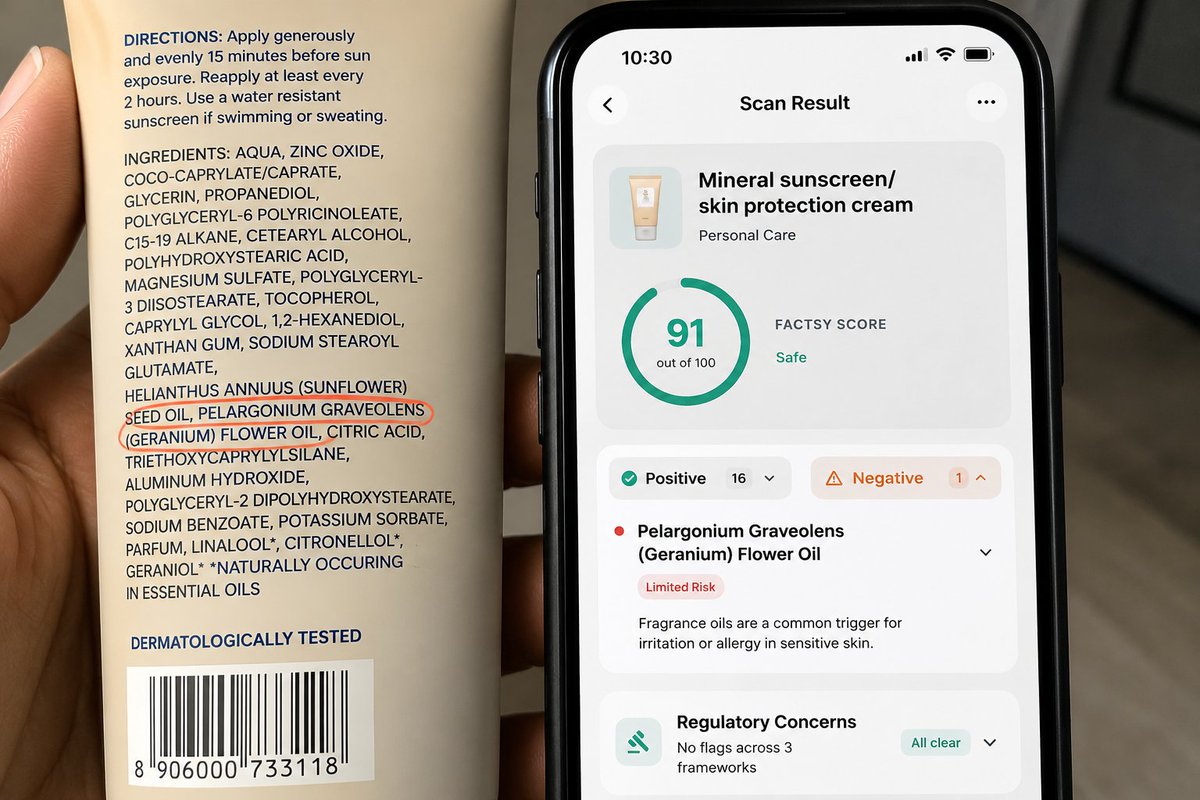 vedansh_gupta's tweet photo. Fragrance is the exception.

"Fragrance" on a label can hide dozens of ingredients. Europe now requires 80+ known allergens to be named individually.

@FactsyApp flags every one of them. https://t.co/ilARtTBymC