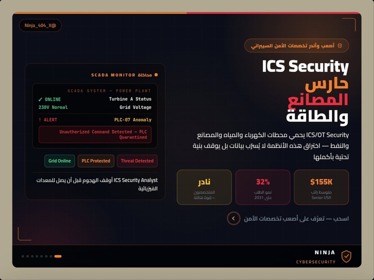 Ninja_404_X's tweet photo. كن من الـ 5%.. التخصص اللي تبنيه رؤية 2030 بملياراته 💰🇸🇦
لو تبي تخصص:
✅ نادر = راتب استثنائي
✅ مطلوب في السعودية بشكل عاجل
✅ تأثيره على أرض الواقع (مو بس شاشات)

→ ICS/OT Security هو إجابتك ⚡

هذا التخصص يحمي:
🛢️ خطوط النفط والغاز
⚡ محطات الكهرباء الوطنية https://t.co/1eqktHcNCl