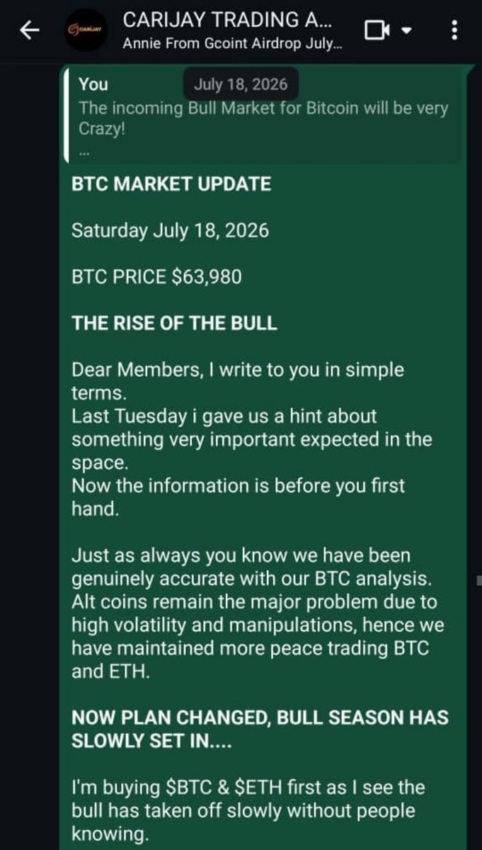 CariPady's tweet photo. July 18, 2026 — "The incoming Bull Market for Bitcoin will be very Crazy." BTC was $63,980.
Today BTC cleared $69K. ETH riding with it.
This is what genuine, accurate analysis looks like over time.
We're booking students &amp; investors for this season. Do crypto the right way. 🔥 https://t.co/DPsCMbqvTk
