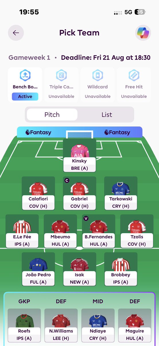 fplpma's tweet photo. Gabriel captain just because 🤞 BB1 to get it out of the way! 
Good luck this season to all of FPl addicts!! https://t.co/8nSHEsygs0