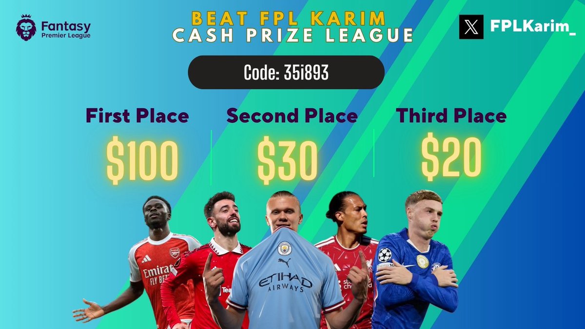 FPLKarim_'s tweet photo. ⚠️ LAST CHANCE ⚠️

🚨Beat FPL Karim Cash Prize League🚨

✅ Free to enter

🥇$100
🥈$30
🥉$20

⚠️ To be eligible for prizes, follow these steps:

1️⃣ Like and repost this tweet
2️⃣ Follow @FPLKarim_ 
3️⃣ Write your team name below ⤵️
👉🏻 League Code: 35i893

⛔️ The prizes are for the top 3 spots only.

Best of luck 🫡