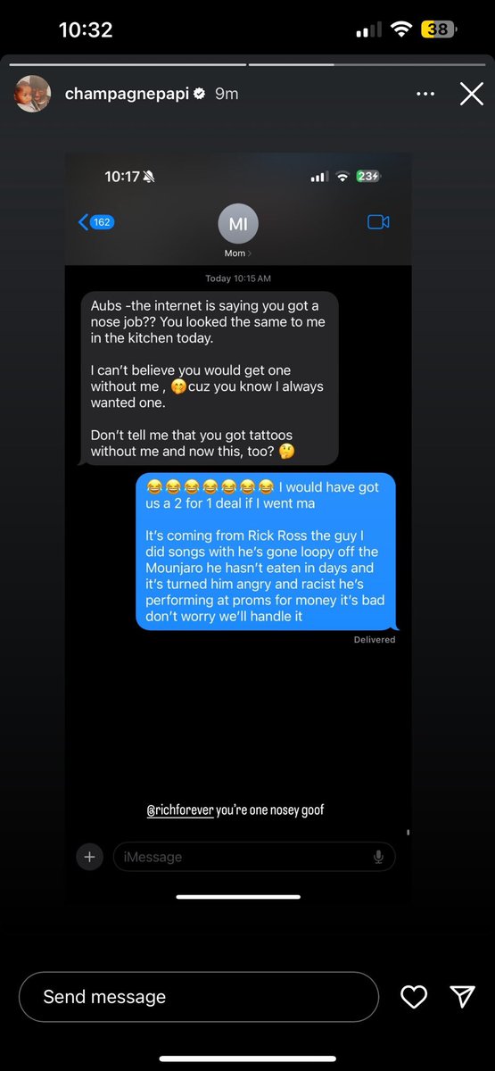 bamz_ao's tweet photo. Drake really posted this text with his mom about Rick Ross back then. He tagged him too. 😭😭 https://t.co/loixSS6qV2