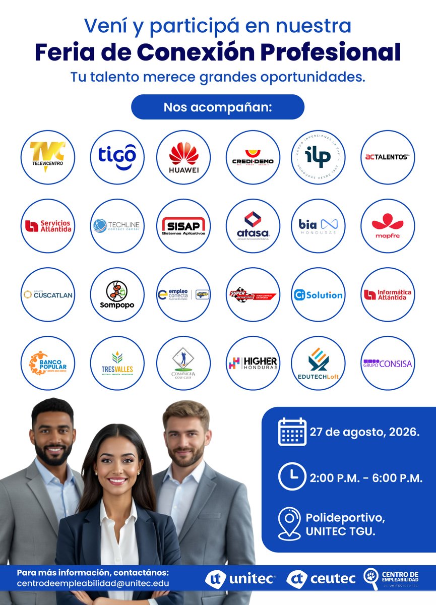 COHEPHonduras's tweet photo. El #COHEP te invita a participar en la Feria de Conexión Profesional, organizada por el Centro de Empleabilidad de UNITEC | CEUTEC, un espacio para acercarte a empresas, conocer nuevas oportunidades laborales y fortalecer tu red de contactos. 🤝💼

📍 Lugar: Polideportivo UNITEC, Tegucigalpa
🗓️ Fecha: jueves 27 de agosto de 2026
⏰ Hora: 2:00 p. m. a 6:00 p. m.

¡Conecta con nuevas oportunidades y da el siguiente paso en tu desarrollo profesional! 🚀

#OportunidadesLaborales  #FeriaDeEmpleo #Empleo