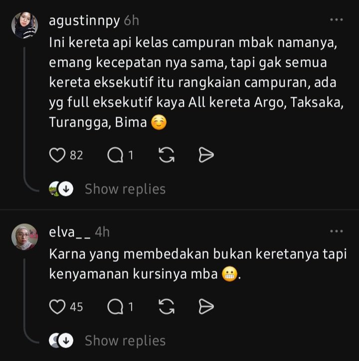 uniquebend's tweet photo. teman2, ini namanya wajar ya

baru pertama kali naik kereta itu wajar. ga paham pembagian kelas di kereta itu wajar. bahkan ga ngerti apa2 soal kereta pun wajar

kita hidup di negara yg jaringan keretanya belum merata. jadi wajar kalo pengetahuan soal kereta pun belum merata, bahkan di pulau jawa

kalo kamu baru pertama kali naik kereta, jangan ragu membagikan pengalamanmu ke sosmed. begitu juga kalo ada pengetahuan soal kereta yg kamu baru tau. percayalah, ga semua orang udah tau kok

dan untungnya kebanyakan komen di post mbak ini positif. ada sih anomali yg bilang norak, tapi cuma dikit. ternyata warga threads ga sebrutal itu juga 😁