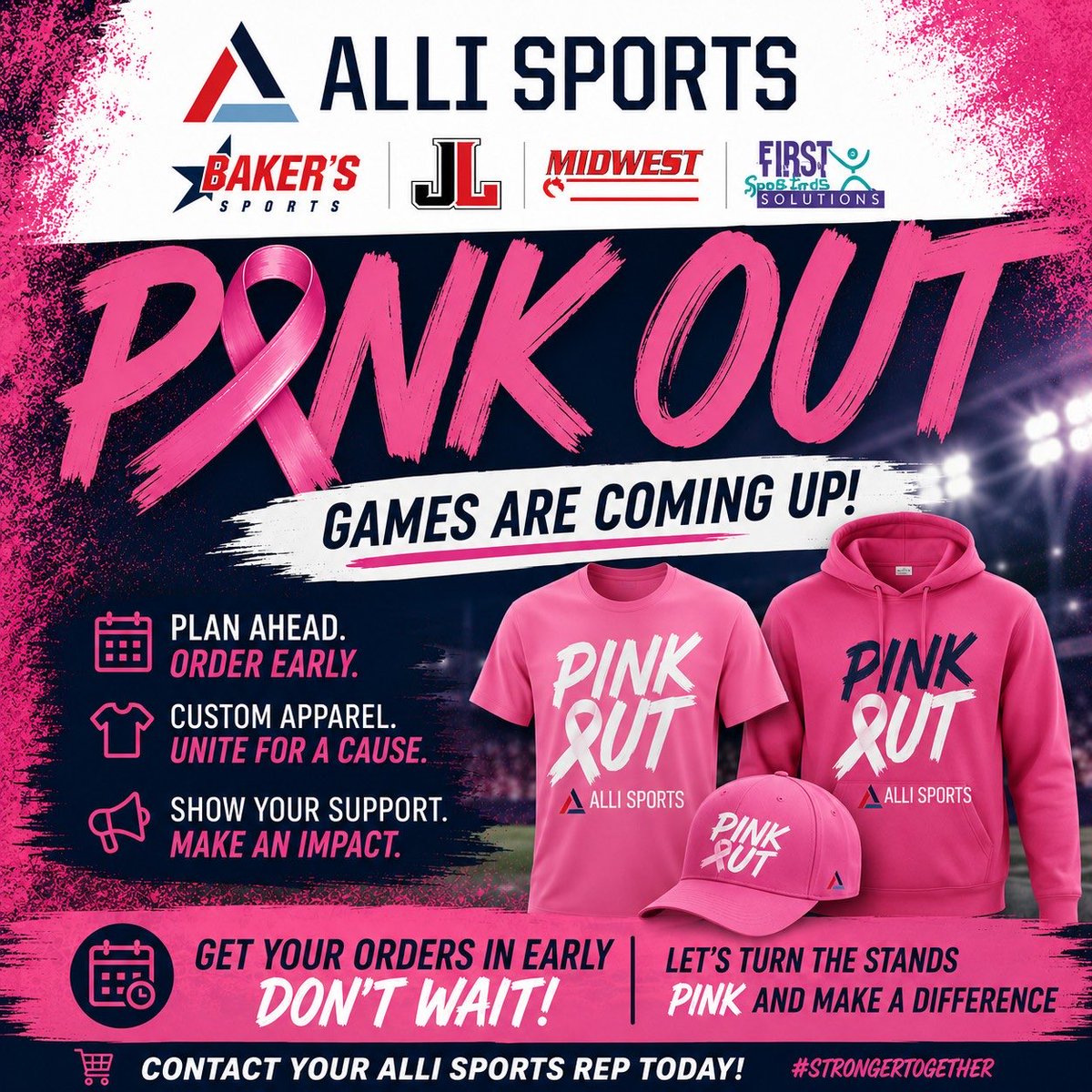 AlliTeamSports's tweet photo. PINK OUT SEASON IS COMING! 

Don’t wait until game week! Get your custom Pink Out apparel &amp; gear ordered early with Baker’s Sports.

💗 Support the cause.
💪 Make an impact.
📅 ORDER EARLY!

Contact your Alli Sports rep today!

#AlliSports #PinkOut #BreastCancerAwareness https://t.co/y5cOwZZv5a
