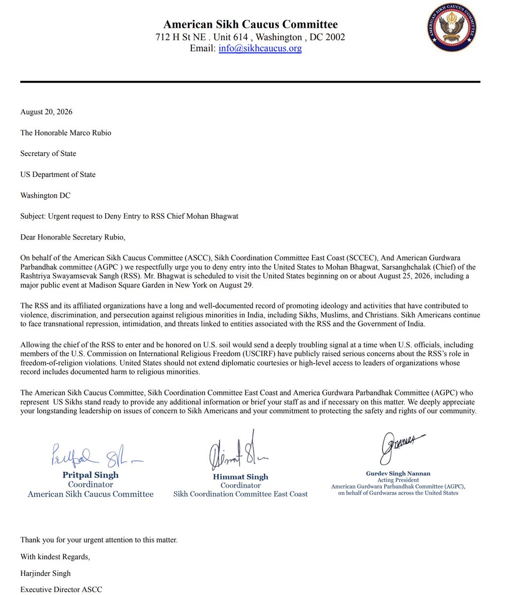 PritpalASCC's tweet photo. Sikh organizations urge the U.S. Secretary of State to deny entry to RSS Chief Mohan Bhagwat. https://t.co/YLgsCJmylc