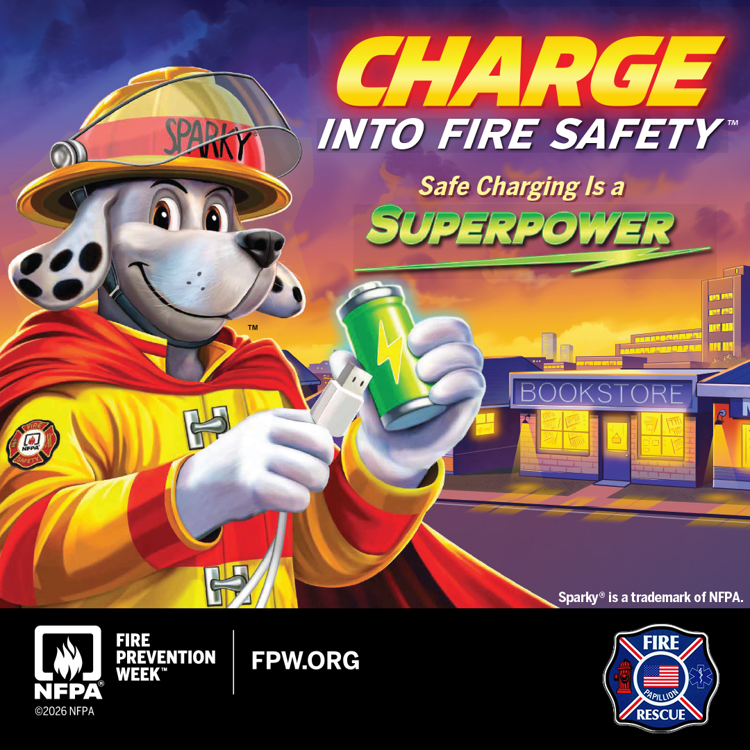 PapillionFire's tweet photo. Fire Prevention Week™ is coming October 4–10! “Charge Into Fire Safety™. Safe Charging Is a Superpower” focuses on the everyday charging habits that can help reduce the risk of lithium-ion battery fires and keep homes and communities safer. #PFD will be sharing safety tips, hosting our annual open houses, and more during this important week in October!
Plug in. Power up. Stay safe.
https://t.co/Hrwqer6PBs
#pfdalwaysready #FirePreventionWeek2026