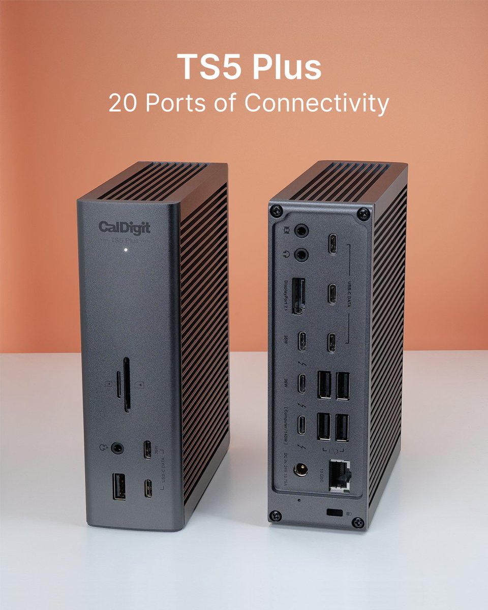 CalDigit's tweet photo. The CalDigit TS5 Plus comes equipped with a total of 20 ports for every situation, including more USB ports than we know what to do with. https://t.co/WqEd7bbCog