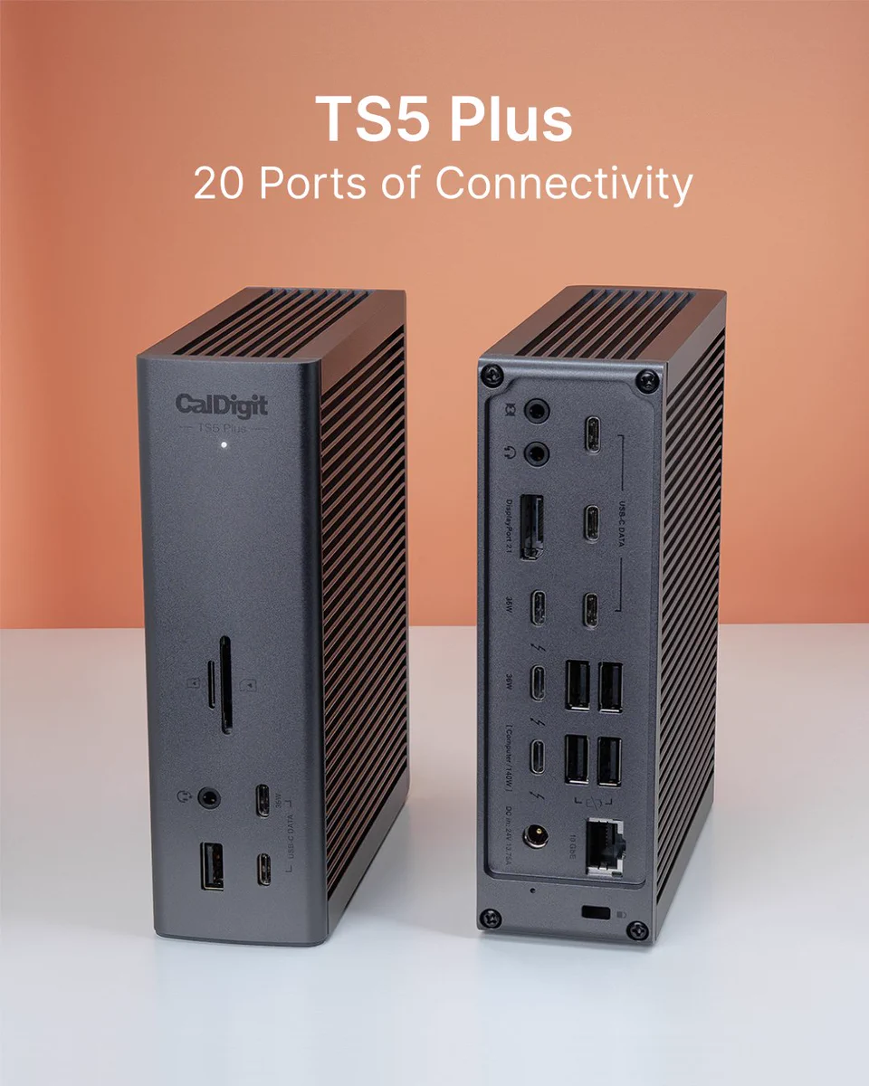 Two TS5 Plus docks, showing the front and back of the dock.  Text reads "20 ports of connectivity".
