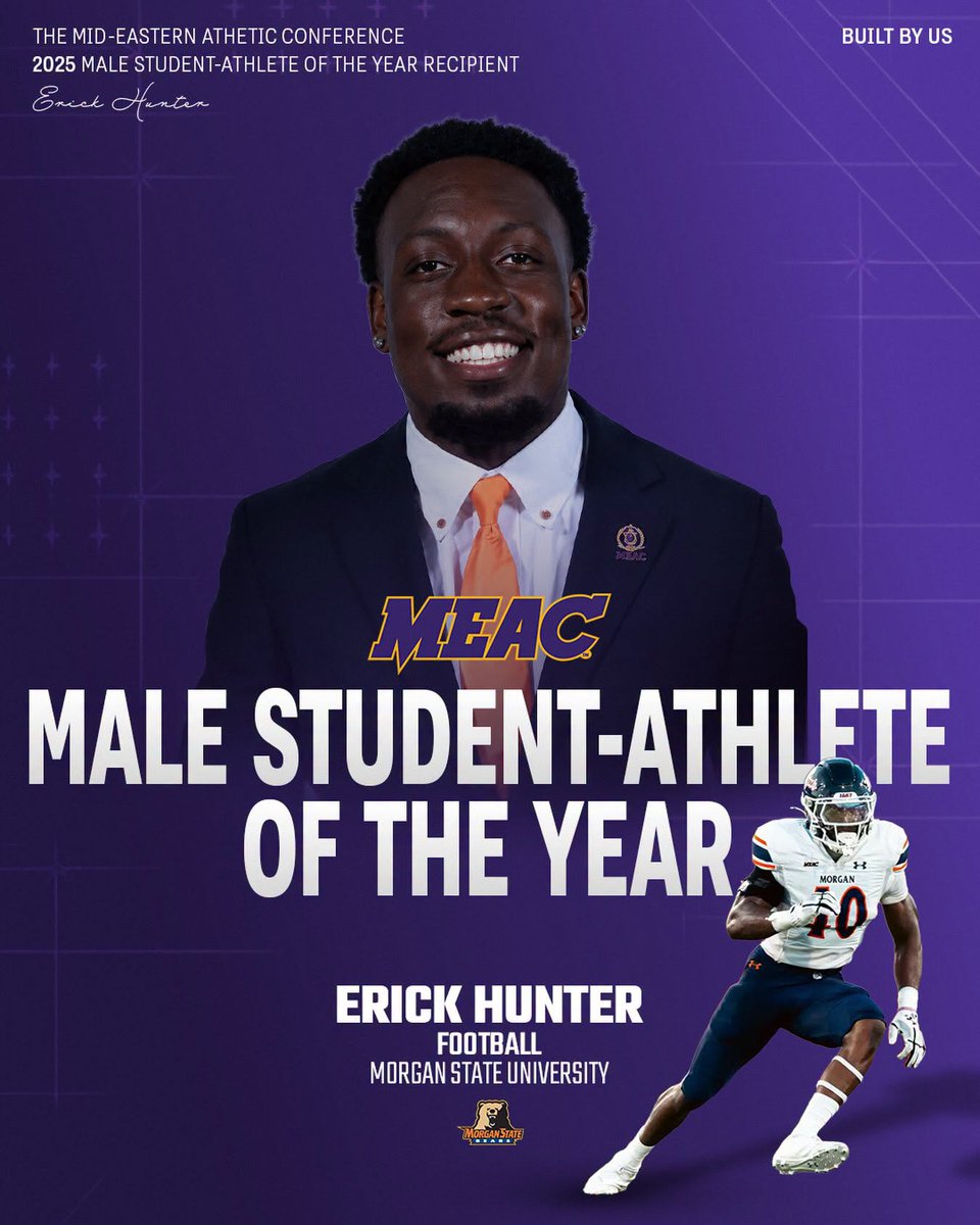 MorganStateU's tweet photo. Congratulations to Erick Hunter, the 2025–26 MEAC Male Student-Athlete of the Year, and Brylan Carter, the 2025–26 MEAC Woman of the Year! 🐻💙🧡

Both Bears exemplify excellence on and off the field, earning recognition for their academic achievement, athletic excellence, leadership, service, and impact on campus and beyond.

#GoBears