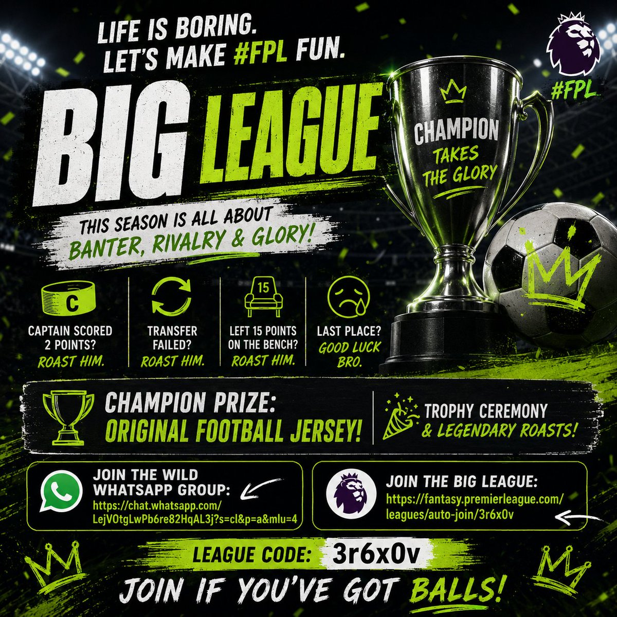 Berkalp's tweet photo. Life is boring enough. At least let’s roast each other in #FPL. ⚽🔥

🏆 BIG LEAGUE
Original football jersey for the champion. Endless banter for everyone else.

Join 👇
https://t.co/8v5NzPgGOV

WhatsApp 👇
https://t.co/23pmBCgdcM

Join if you’ve got the balls.
#FPL https://t.co/yepfp95Ou1