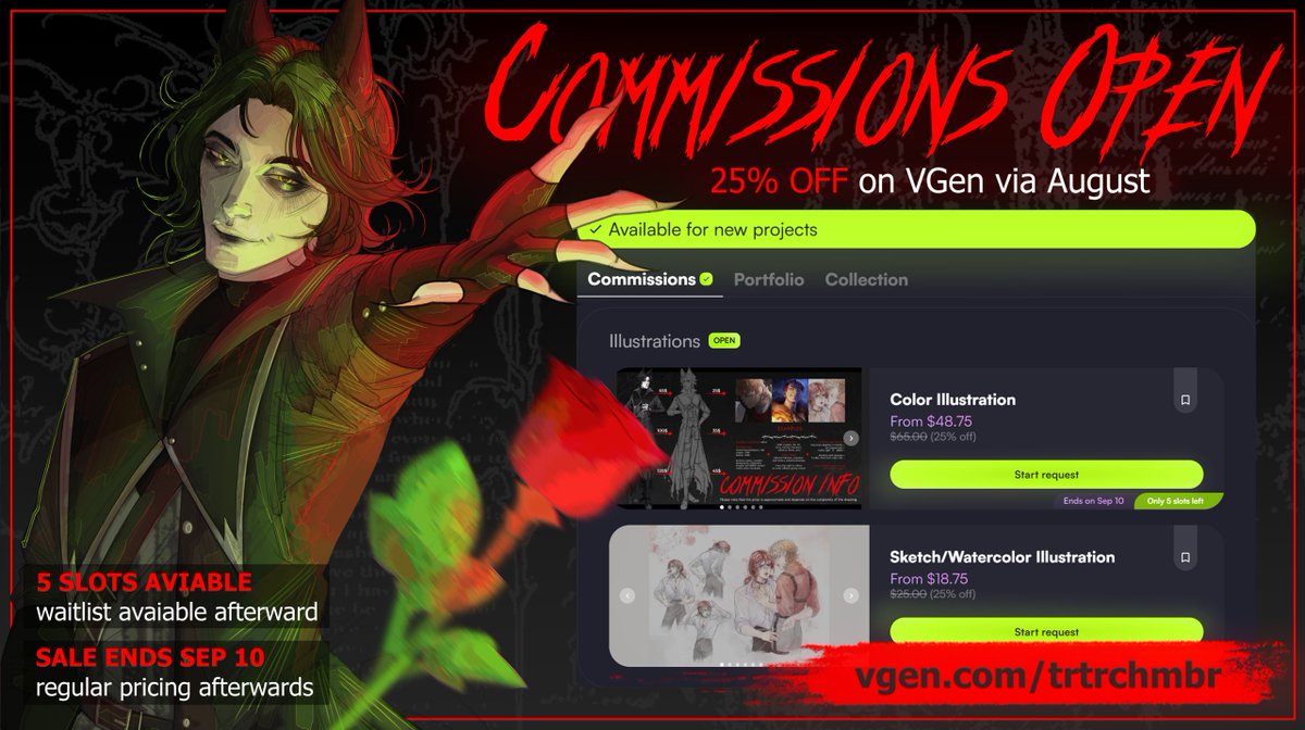 trtrchmbr's tweet photo. 🍁COMMISSIONS OPEN — 25% OFF!🍁
▪️Any commission request until Sep 10
▪️Only 5 slots available
I’d also love to connect with more art moots — likes &amp; retweets are greatly appreciated.❤️‍🩹
Portfolio &amp; commission info ↓

#artmoots #commission #artcommission #smallartist #summersale https://t.co/Z06h4J7jee