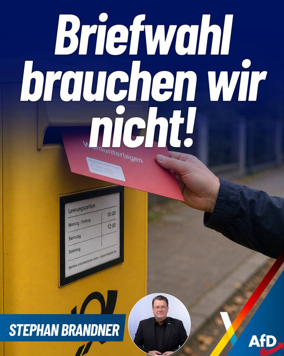 BrandnerSt's tweet photo. "Die Briefwahl bietet zahlreiche Möglichkeiten zur Manipulation, insbesondere bei der geheimen Stimmabgabe und der Lagerung während der wochenlangen Dauer der Wahl."
👉https://t.co/d1Mzsb1IBV
#AfD🇩🇪 https://t.co/mZ2ha453uP