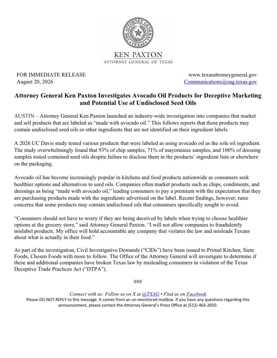 KenPaxtonTX's tweet photo. NEW: I am investigating avocado oil products for deceptive marketing and for the potential use of undisclosed seed oils. https://t.co/JM8kaFBuhI