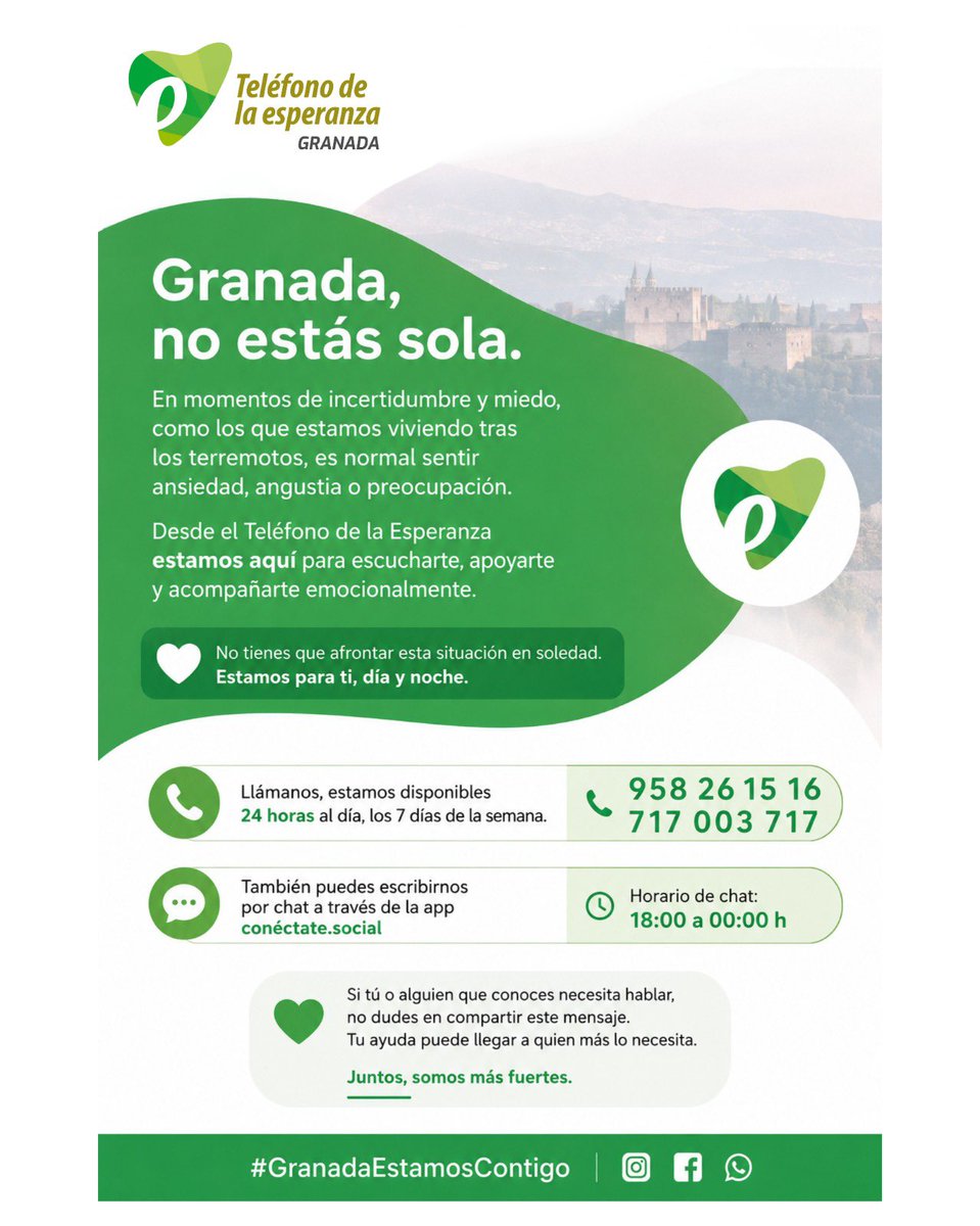 Asvogra's tweet photo. Además del teléfono de asistencia psicológica para los afectados por los #terremotosGranada habilitado por el @E112Andalucia , también tenemos la atención y apoyo del @telefonoespgra , que se ponen a disposición de afectados en #Granada y #áreametropolitana  #GranadaNoEstasSola👇 https://t.co/k18ncfi39P