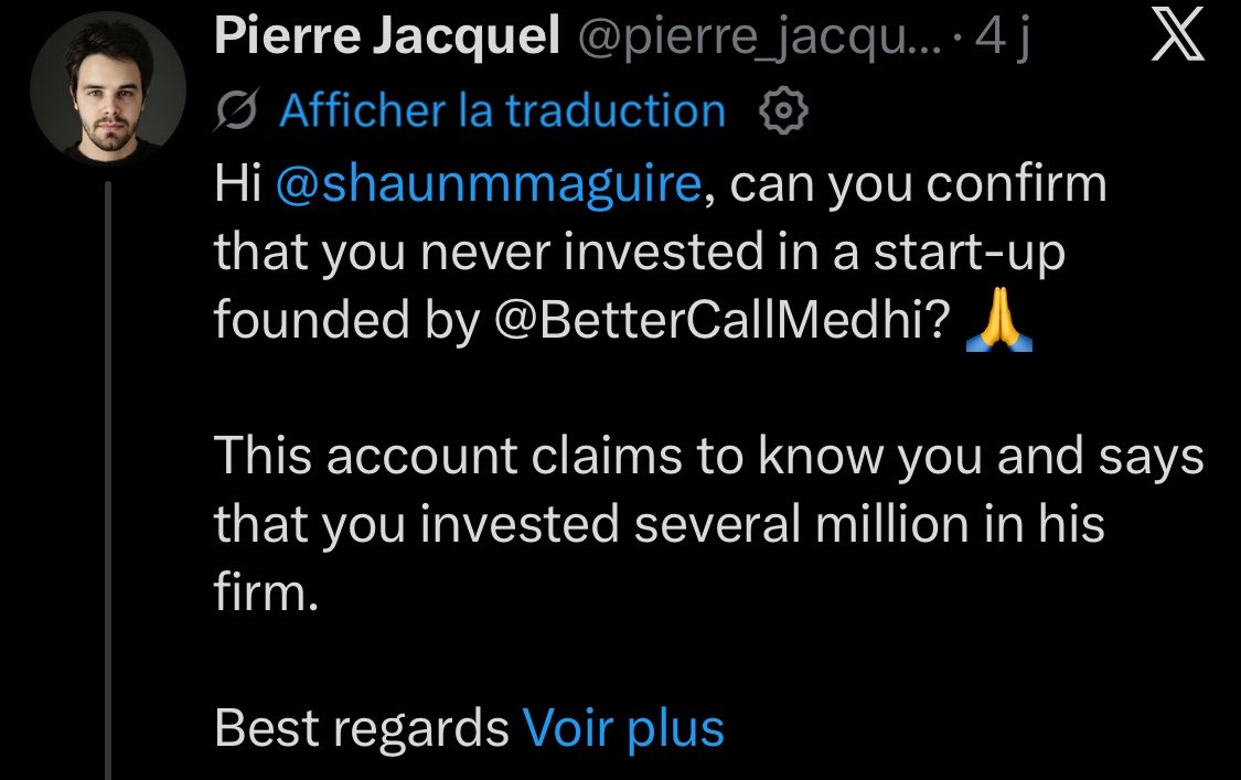 BetterCallMedhi's tweet photo. Merci tout d’abord à la minorité lucide qui refuse d'avaler la manipulation : tous ceux qui relayeront la vérité ici auront un accès intégral et gratuit à mon prochain Substack.

Cette attaque aura au moins eu le mérite d'illustrer la profonde ingratitude d'une partie du public francophone et ce triste réflexe du « panier de crabes », où la médiocrité se ligue pour faire tomber quiconque émerge par le savoir.

Depuis 2021 (bien avant la vague d'IA générative et la monétisation X), j'écris avec passion et livre des analyses gratuites à forte valeur technique et un profil nommé « Mehdi »distribuer gratuitement ce que d'autres monétisent crée un séisme narcissique chez les marchands d'illusions. 

Dans cet écosystème, un profil d’escroc adepte du slop IA comme @brivael peut vendre des formations creuses et des « calls » à 1K € sans être inquiété. En revanche, celui qui transmet du savoir pur sans jamais rien vendre devient l'homme à abattre.

L'origine de cette offensive n'est qu'une tentative désespérée de diversion. Pour info, @pierre_jacquel2 a été mis en cause sous mes tweets par plusieurs jeunes étudiantes apportant des preuves accablantes sur ses comportements de "pointeur". Sans jamais répondre sur le fond et alors qu'il est déjà poursuivi par la justice pour avoir insulté et diffamé la mémoire de Samuel Paty, il a choisi la fuite en avant : attaques sur ma santé et moqueries abjectes sur la mort de mon père biologique.

Pour fabriquer leur narration, ils sont allés déterrer un pauvre commentaire isolé de 2024. Je n'ai jamais fait aucun tweet public pour me prévaloir de Sequoia ou YC et ma bio n'en fait aucune mention. (Juste 2 commentaires datant de plusieurs années sans contexte). D’ailleurs, si vous posez la question à mon audience, la majorité n'était même pas au courant de ce commentaire : ils me suivent pour la profondeur de mon contenu, mes explications techniques et l'éveil de leur curiosité, pas pour un badge d'autorité.

Dans ce commentaire, je parlais explicitement de « notre projet » sans détailler la nature exacte de cette structure, en lien avec mon activité de conseiller technique pour certaines startups, une posture professionnelle d’advisor que j'ai déjà évoquée à plusieurs reprises : 

https://t.co/MBlEXS358Z

L'investisseur en question me connaît parfaitement IRL dans le monde physique. En revanche, sur X, j'opère sous pseudonyme anonyme pour ma sécurité comme TOUT LE MONDE LE SAIT. @pierre_jacquel2 le sait AUSSI parfaitement. Il a délibérément posé une question piégée à cet investisseur américain en lui parlant de « ma startup » et en lui demandant s'il avait financé « a startup founded by Medhi».

La manœuvre est d'une hypocrisie absolue: c'est l'équivalent de demander à un investisseur s'il a déjà financé la structure de "Batman", en sachant pertinemment que l'investisseur le connaît sous son vrai nom dans la vraie vie et ne peut pas lier un pseudonyme à une entreprise, tout en lui attribuant arbitrairement le rôle de "fondateur". 

En posant cette équation biaisée à quelqu'un qui ne peut pas faire le lien avec mon compte anonyme, Jacquel a sciemment provoqué un « non» binaire pour fabriquer son lynchage.

Devant l'absence de réponse immédiate, la meute s'est déployée sous son tweet et en DM. Des comptes de racelard comme @AureaLibe ont harcelé Shaun pour me traiter de scammeur afin de lui mettre la pression.

On atteint le sommet de l'inversion accusatoire: ceux qui m'accusent auprès de lui sont précisément les escrocs que j'expose depuis des années. 
Pris en étau sous ce spam délirant, Shaun a repondu par dépit pour ne plus être harcelé.

D’ailleurs le pointeur @pierre_jacquel2 a mobilisé tous les escrocs que mes investigations dérangent : @hasscapade , scammeur trading qui profite de la crédulité de gamins ; @ratpace scammeur crypto adepte des shitcoins et des rug pulls; @YoshiBleuclair fils à papa d'HEC spécialisé dans les subventions BPI pour des gourdes en bambou et @AureaLibe voleur de contenu