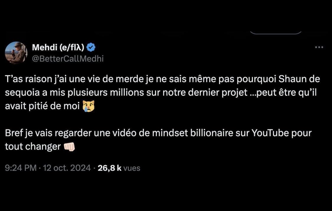 BetterCallMedhi's tweet photo. Merci tout d’abord à la minorité lucide qui refuse d'avaler la manipulation : tous ceux qui relayeront la vérité ici auront un accès intégral et gratuit à mon prochain Substack.

Cette attaque aura au moins eu le mérite d'illustrer la profonde ingratitude d'une partie du public francophone et ce triste réflexe du « panier de crabes », où la médiocrité se ligue pour faire tomber quiconque émerge par le savoir.

Depuis 2021 (bien avant la vague d'IA générative et la monétisation X), j'écris avec passion et livre des analyses gratuites à forte valeur technique et un profil nommé « Mehdi »distribuer gratuitement ce que d'autres monétisent crée un séisme narcissique chez les marchands d'illusions. 

Dans cet écosystème, un profil d’escroc adepte du slop IA comme @brivael peut vendre des formations creuses et des « calls » à 1K € sans être inquiété. En revanche, celui qui transmet du savoir pur sans jamais rien vendre devient l'homme à abattre.

L'origine de cette offensive n'est qu'une tentative désespérée de diversion. Pour info, @pierre_jacquel2 a été mis en cause sous mes tweets par plusieurs jeunes étudiantes apportant des preuves accablantes sur ses comportements de "pointeur". Sans jamais répondre sur le fond et alors qu'il est déjà poursuivi par la justice pour avoir insulté et diffamé la mémoire de Samuel Paty, il a choisi la fuite en avant : attaques sur ma santé et moqueries abjectes sur la mort de mon père biologique.

Pour fabriquer leur narration, ils sont allés déterrer un pauvre commentaire isolé de 2024. Je n'ai jamais fait aucun tweet public pour me prévaloir de Sequoia ou YC et ma bio n'en fait aucune mention. (Juste 2 commentaires datant de plusieurs années sans contexte). D’ailleurs, si vous posez la question à mon audience, la majorité n'était même pas au courant de ce commentaire : ils me suivent pour la profondeur de mon contenu, mes explications techniques et l'éveil de leur curiosité, pas pour un badge d'autorité.

Dans ce commentaire, je parlais explicitement de « notre projet » sans détailler la nature exacte de cette structure, en lien avec mon activité de conseiller technique pour certaines startups, une posture professionnelle d’advisor que j'ai déjà évoquée à plusieurs reprises : 

https://t.co/MBlEXS358Z

L'investisseur en question me connaît parfaitement IRL dans le monde physique. En revanche, sur X, j'opère sous pseudonyme anonyme pour ma sécurité comme TOUT LE MONDE LE SAIT. @pierre_jacquel2 le sait AUSSI parfaitement. Il a délibérément posé une question piégée à cet investisseur américain en lui parlant de « ma startup » et en lui demandant s'il avait financé « a startup founded by Medhi».

La manœuvre est d'une hypocrisie absolue: c'est l'équivalent de demander à un investisseur s'il a déjà financé la structure de "Batman", en sachant pertinemment que l'investisseur le connaît sous son vrai nom dans la vraie vie et ne peut pas lier un pseudonyme à une entreprise, tout en lui attribuant arbitrairement le rôle de "fondateur". 

En posant cette équation biaisée à quelqu'un qui ne peut pas faire le lien avec mon compte anonyme, Jacquel a sciemment provoqué un « non» binaire pour fabriquer son lynchage.

Devant l'absence de réponse immédiate, la meute s'est déployée sous son tweet et en DM. Des comptes de racelard comme @AureaLibe ont harcelé Shaun pour me traiter de scammeur afin de lui mettre la pression.

On atteint le sommet de l'inversion accusatoire: ceux qui m'accusent auprès de lui sont précisément les escrocs que j'expose depuis des années. 
Pris en étau sous ce spam délirant, Shaun a repondu par dépit pour ne plus être harcelé.

D’ailleurs le pointeur @pierre_jacquel2 a mobilisé tous les escrocs que mes investigations dérangent : @hasscapade , scammeur trading qui profite de la crédulité de gamins ; @ratpace scammeur crypto adepte des shitcoins et des rug pulls; @YoshiBleuclair fils à papa d'HEC spécialisé dans les subventions BPI pour des gourdes en bambou et @AureaLibe voleur de contenu