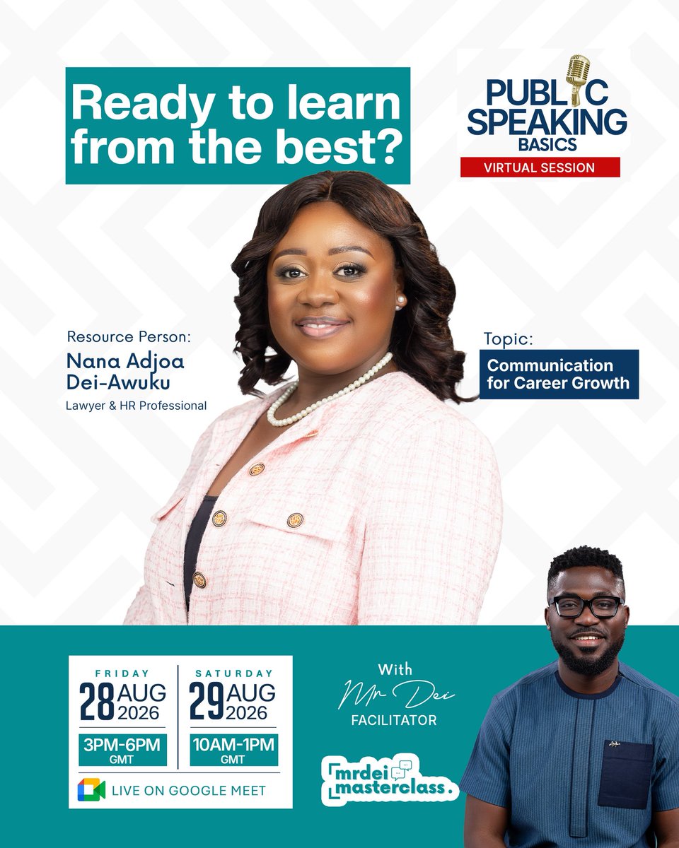 TheMrDei's tweet photo. Doing good work is not always enough. You must also know how to communicate your value.

Join Nana Adjoa Dei-Awuku, Lawyer and HR Professional, for Communication for Career Growth.

📅 28 & 29 August
💻 Google Meet
💰 GHS 850 | $ 75 | £ 57 | NGN 102,450

Only 8 days to go. Register Here ⬇️
https://t.co/awHspBPkJg