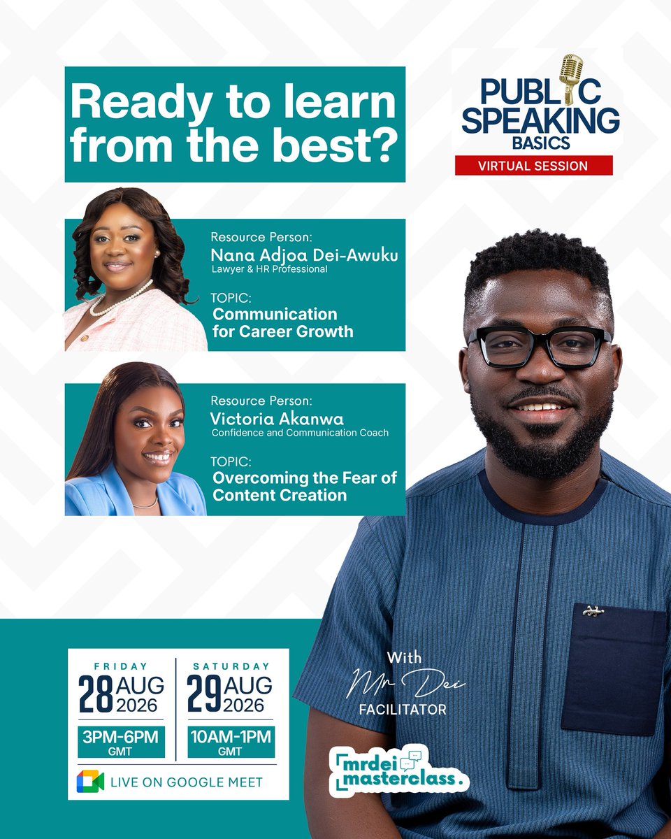 TheMrDei's tweet photo. Doing good work is not always enough. You must also know how to communicate your value.

Join Nana Adjoa Dei-Awuku, Lawyer and HR Professional, for Communication for Career Growth.

📅 28 & 29 August
💻 Google Meet
💰 GHS 850 | $ 75 | £ 57 | NGN 102,450

Only 8 days to go. Register Here ⬇️
https://t.co/awHspBPkJg