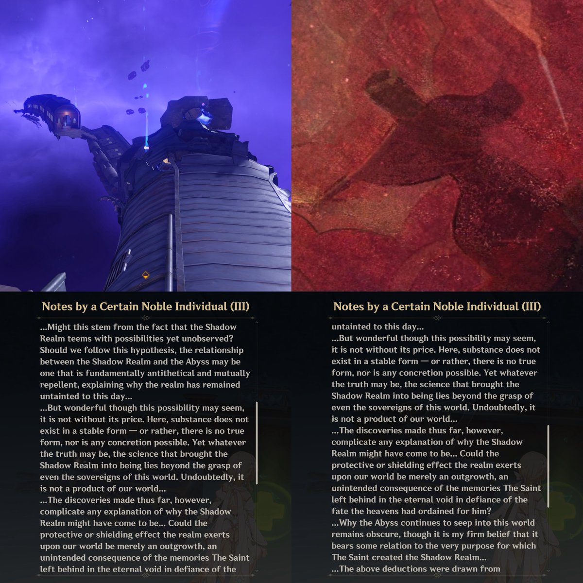 luluraemi's tweet photo. voyager reason on creating the shadow realm is to store possibilities that has been thrown away by heavenly principles and manifested into abyss from ever coming into teyvat but it has limitation.

if the passage were opened, the abyss in the realm will get leaked into teyvat. https://t.co/SKwVGrEz3W