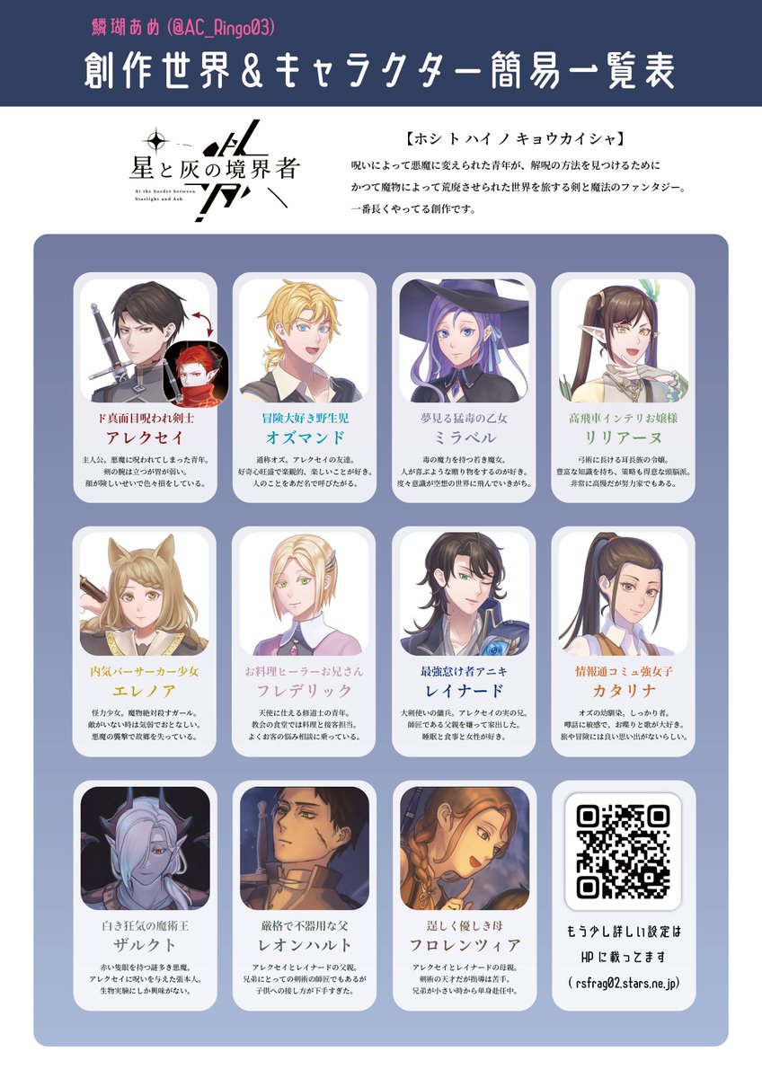 AC_Ringo03's tweet photo. 自創作キャラ一覧表・2026年版ができました！
当アカウントでは大体ここに載ってる人たちについて喋ったり絵を描いたりしてます。
お見知りおきいただけると喜びます🫶✨
#創作
 #星と灰の境界者 #薄明のイデオロギア #雪花霊異奇譚 https://t.co/bnpr7d8w9G