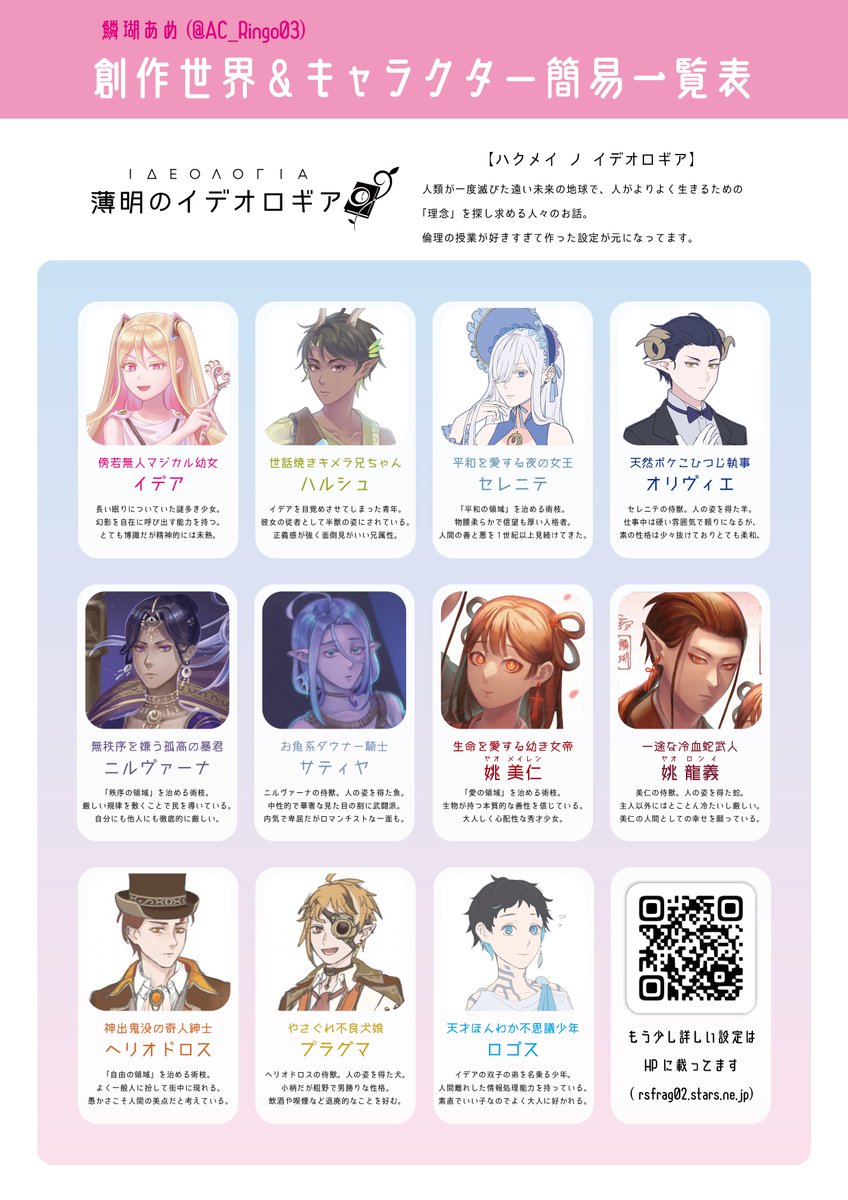 AC_Ringo03's tweet photo. 自創作キャラ一覧表・2026年版ができました！
当アカウントでは大体ここに載ってる人たちについて喋ったり絵を描いたりしてます。
お見知りおきいただけると喜びます🫶✨
#創作
 #星と灰の境界者 #薄明のイデオロギア #雪花霊異奇譚 https://t.co/bnpr7d8w9G