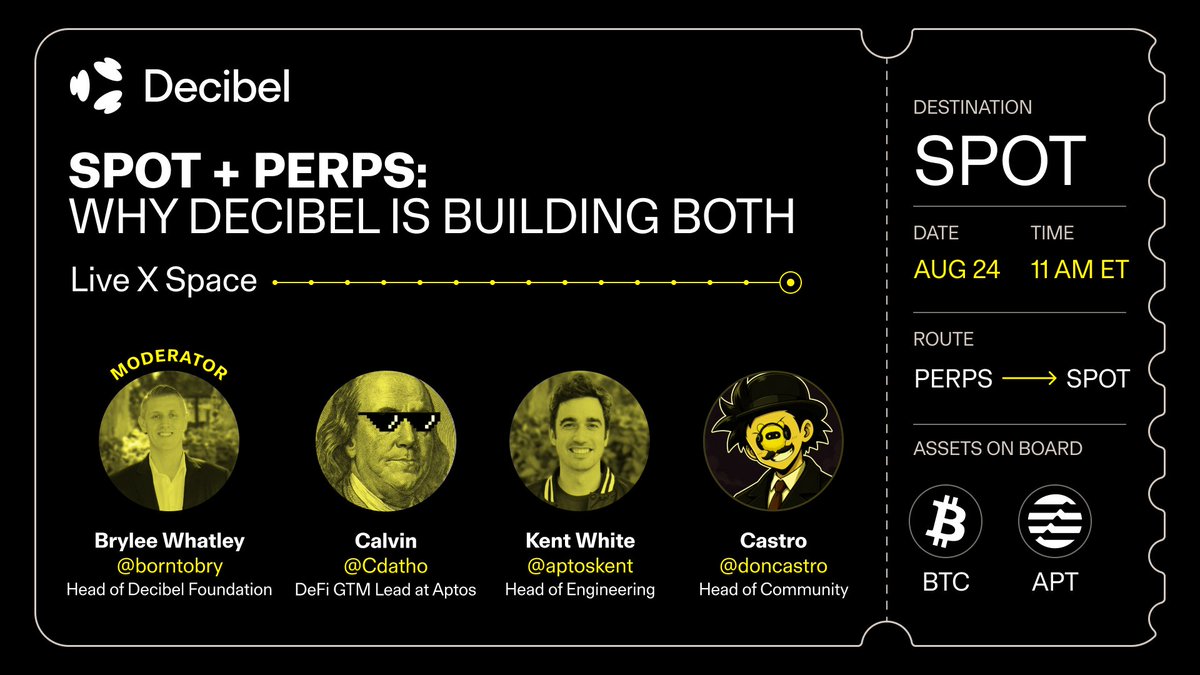 DecibelTrade's tweet photo. Spot is live.

We’re going live to unpack what changes now that spot and perps share one account.

Bring your questions &amp; set your reminder below. https://t.co/BPEyqkpfh8
